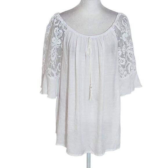 Unique Spectrum Tops - Unique Spectrum White Sheer Blouse with Lace Sleeves NWT Size 1X White Top